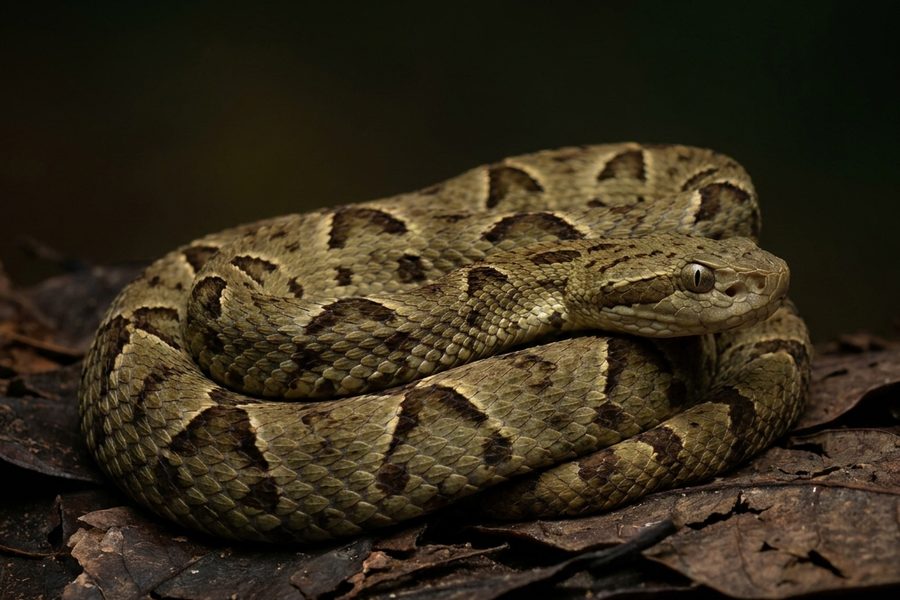 Bothrops asper specimen in controlled ex situ vivarium.