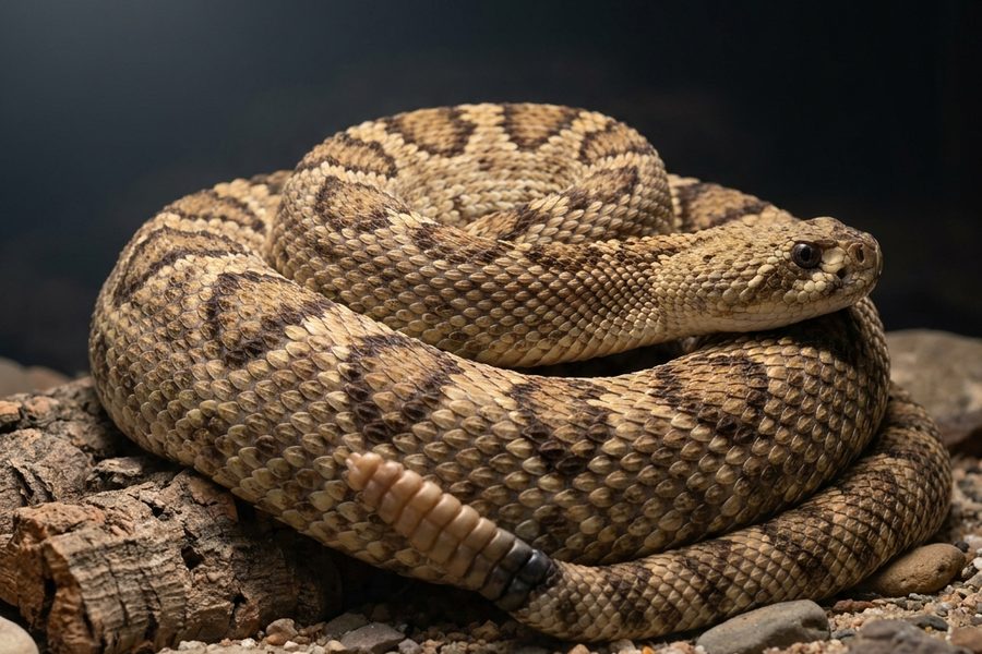 Crotalus durissus cumanensis specimen in controlled ex situ vivarium, rattle visible.